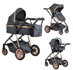 Cangaroo Midas Black 3-in-1 Combi Kinderwagen Incl. Autostoel