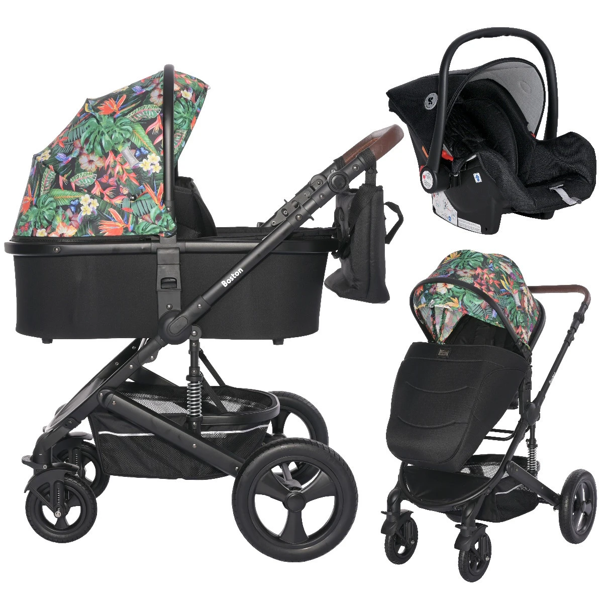 Lorelli Boston Tropical Flowers Black 3-in-1 Kinderwagen Incl. Comet Autostoel